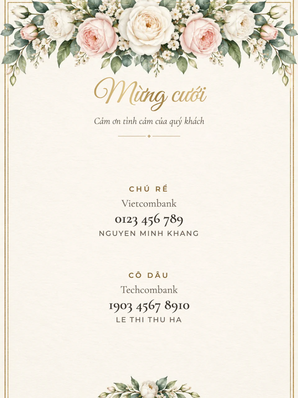 Thẻ mừng cưới với số tài khoản và mã QR của cô dâu, chú rể