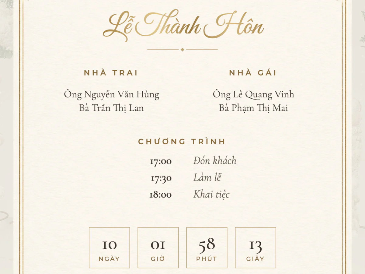 Mặt sau thiệp in: nhà trai, nhà gái, chương trình lễ và đếm ngược