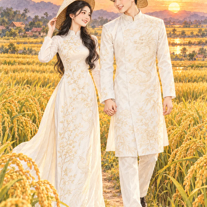 Cô dâu chú rể giữa cánh đồng lúa, một ảnh trong album mẫu